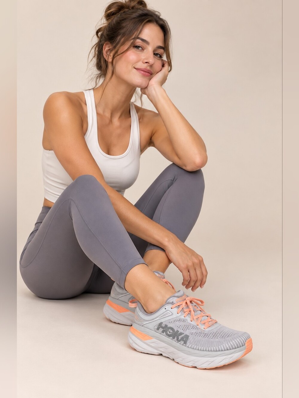 HOKA Women's US 9 Gray Peach Athletic Sneakers Running Cushioned BONDI 7